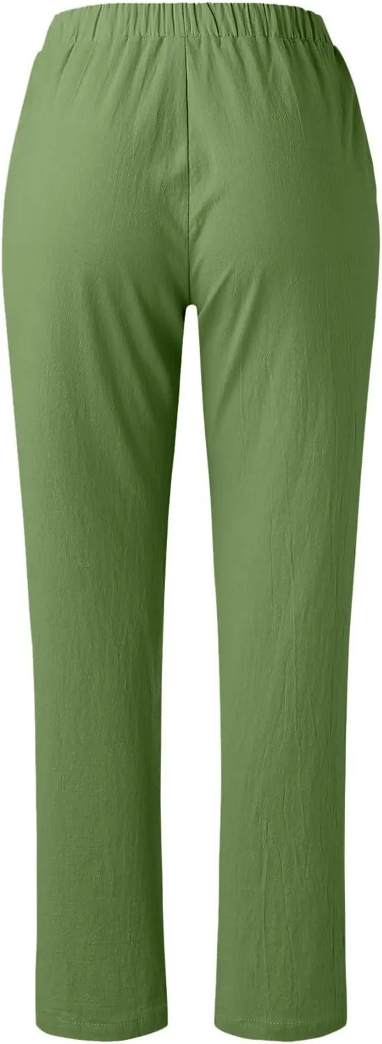Womens Cotton Linen Pants Hight Elastic Waist Drawstring Straight Leg Summer 2025 Trendy Beach Yoga Trousers with Pockets