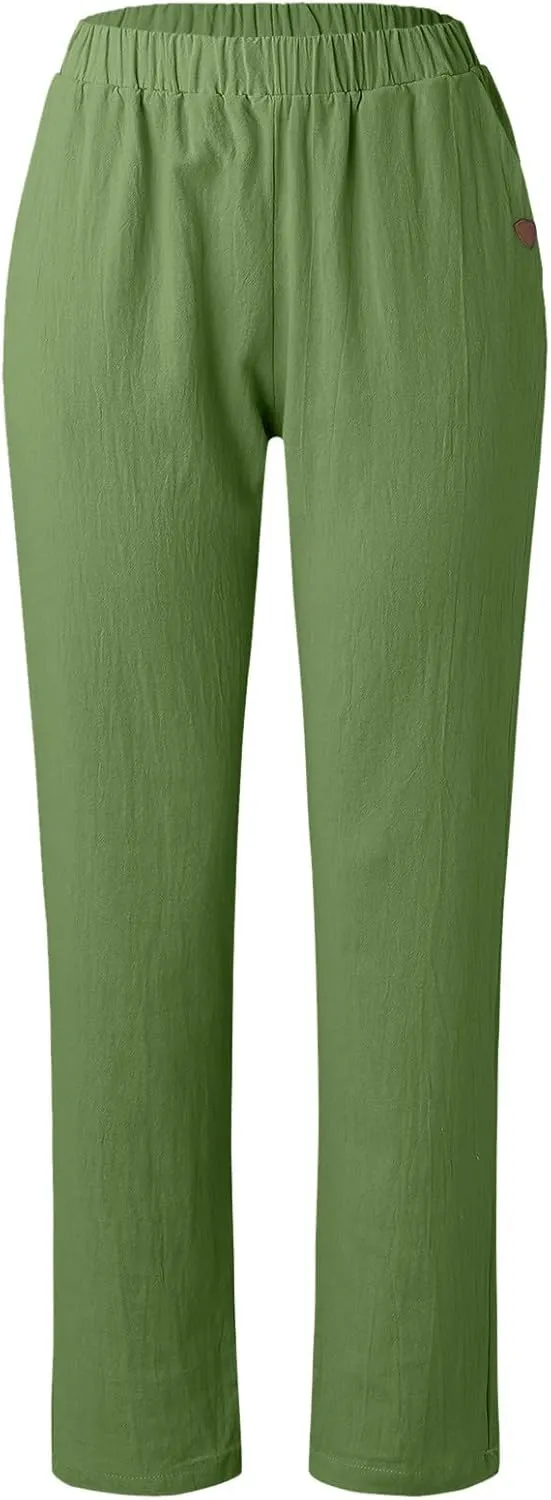 Womens Cotton Linen Pants Hight Elastic Waist Drawstring Straight Leg Summer 2025 Trendy Beach Yoga Trousers with Pockets