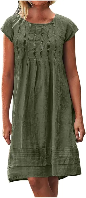 Women's Cotton Linen Pleated Dress Loose Fit Crewneck Short Sleeve Dresses Vacation Beach Sundress for Women 2025
