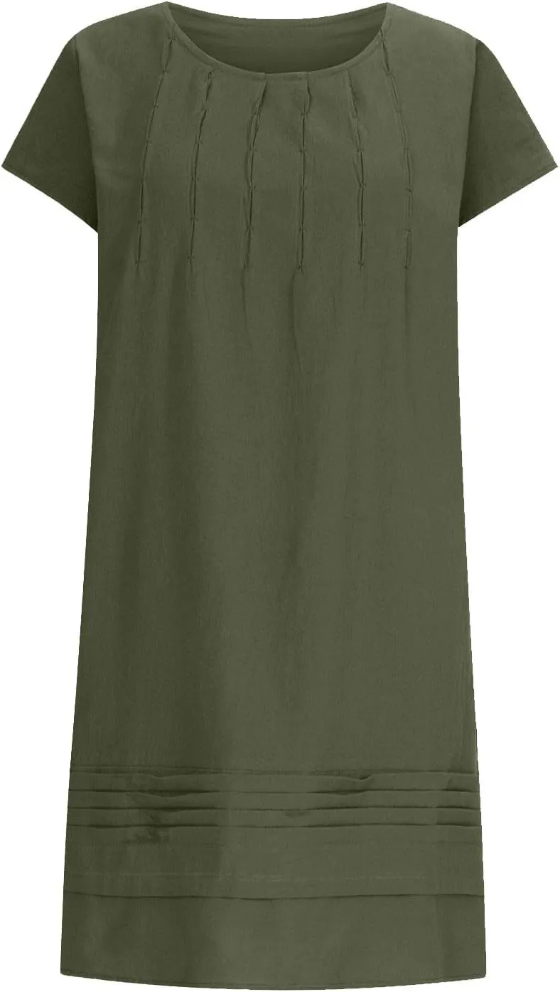 Women's Cotton Linen Pleated Dress Loose Fit Crewneck Short Sleeve Dresses Vacation Beach Sundress for Women 2025