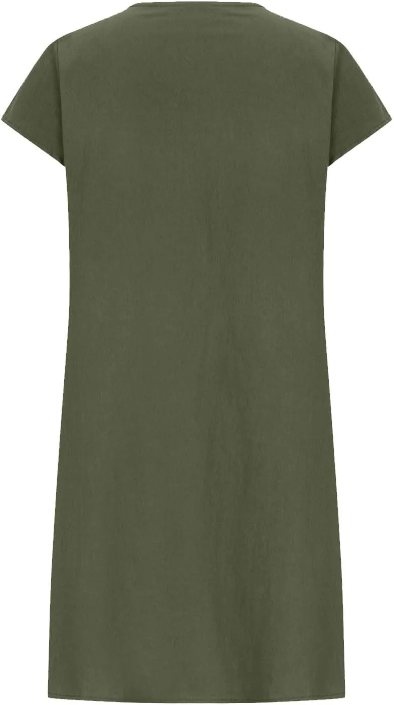 Women's Cotton Linen Pleated Dress Loose Fit Crewneck Short Sleeve Dresses Vacation Beach Sundress for Women 2025