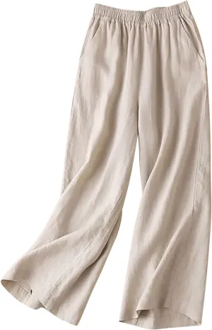 Women's Cotton Linen Summer Boho Palazzo Lounge Pants Elastic Waist Baggy Stretchy Slim Fit Trouser Vacation