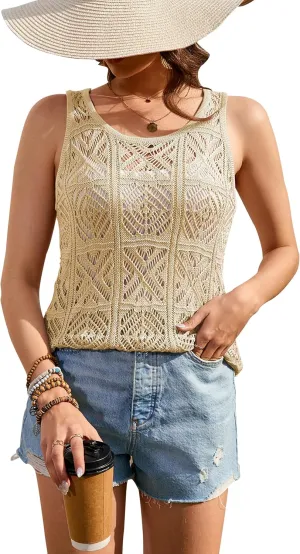 Women's Crochet Tank Tops Summer Knit Sweater Vest Hollow Out Sleeveless Boho Top