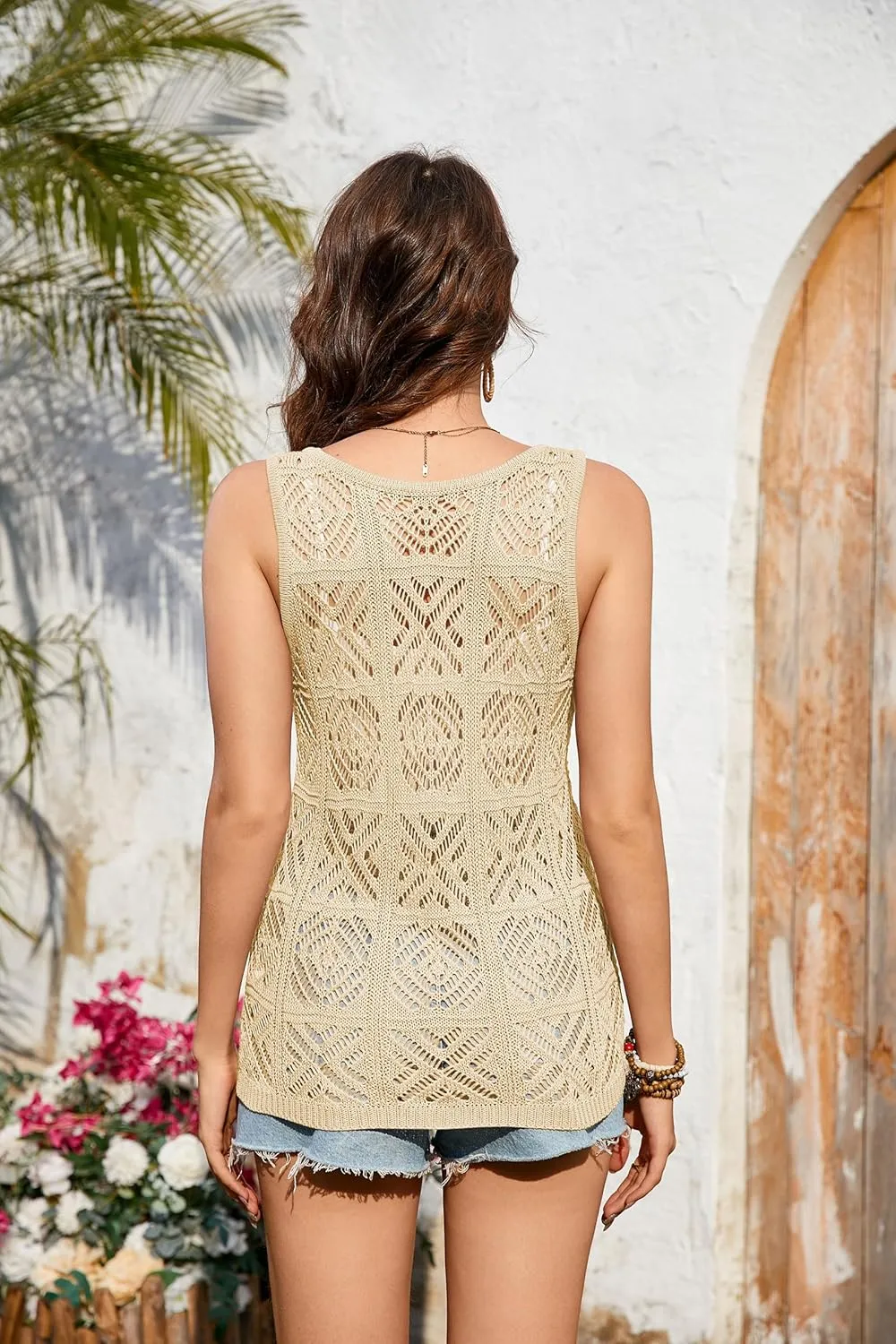 Women's Crochet Tank Tops Summer Knit Sweater Vest Hollow Out Sleeveless Boho Top