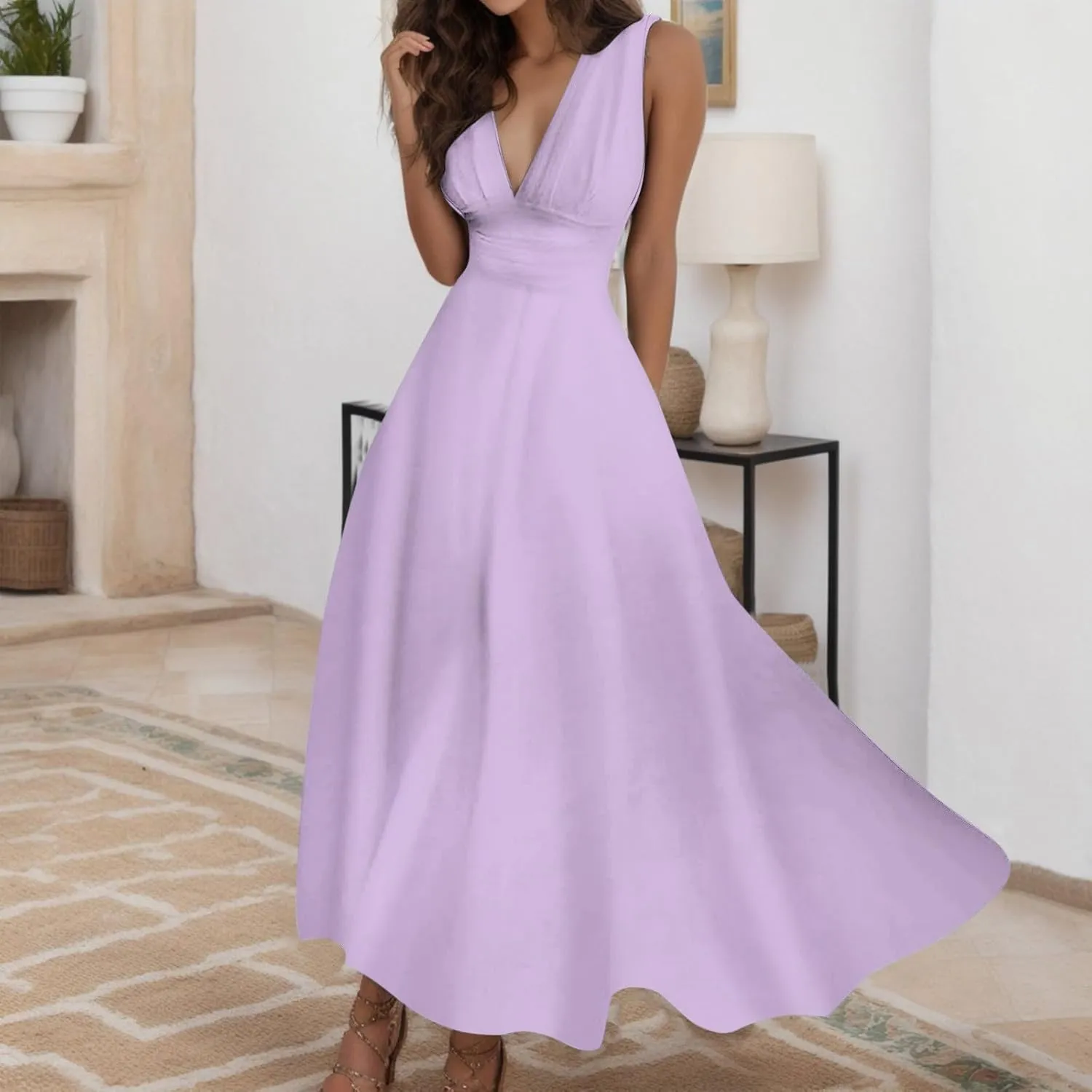 Women's Deep V Neck Prom Dresses Maxi Dress Summer Beach Vacation A Line Formal Evening Gowns Ladies Sundresses