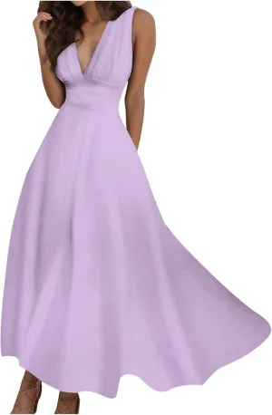 Women's Deep V Neck Prom Dresses Maxi Dress Summer Beach Vacation A Line Formal Evening Gowns Ladies Sundresses