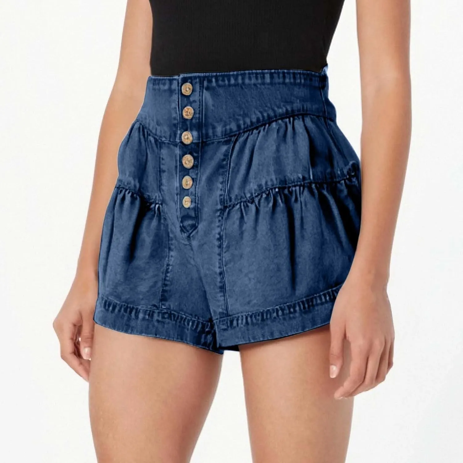 Womens Denim Shorts Baggy High Waisted Flowy Wide Leg Buttons Pleated Casual Summer Jean Shorts Trendy Ruffle Skorts
