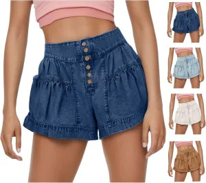 Womens Denim Shorts Baggy High Waisted Flowy Wide Leg Buttons Pleated Casual Summer Jean Shorts Trendy Ruffle Skorts