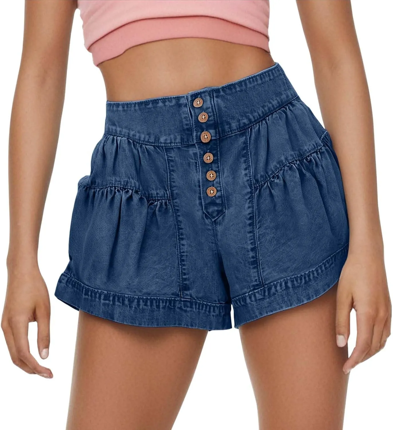 Womens Denim Shorts Baggy High Waisted Flowy Wide Leg Buttons Pleated Casual Summer Jean Shorts Trendy Ruffle Skorts