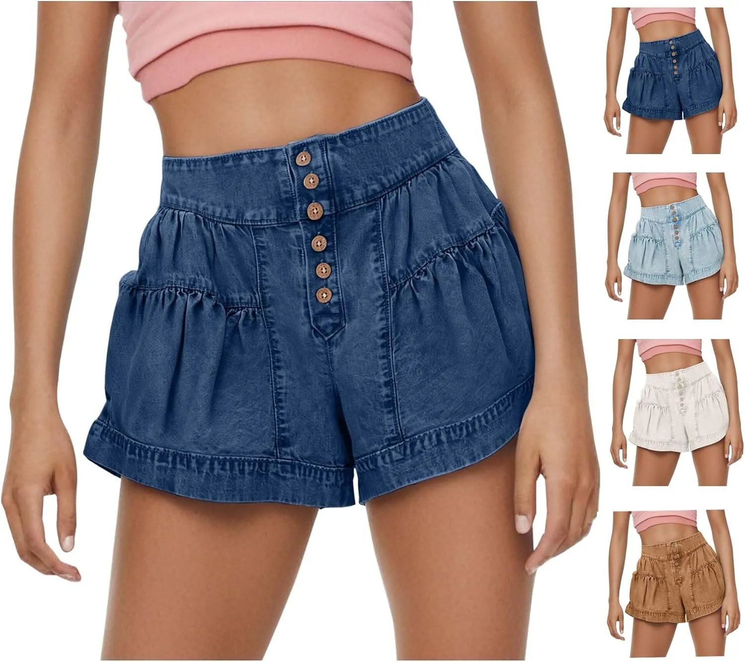 Womens Denim Shorts Baggy High Waisted Flowy Wide Leg Buttons Pleated Casual Summer Jean Shorts Trendy Ruffle Skorts