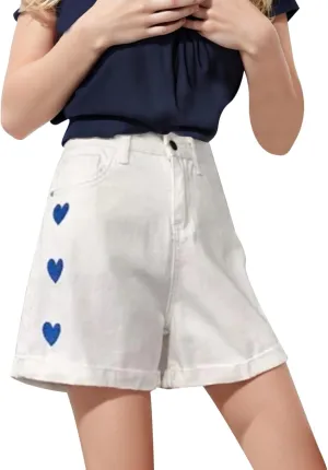 Womens Denim Shorts High Waisted Summer Hot Pants Hem Curled Loose Jean Short Casual Shorts with Love Embroidery