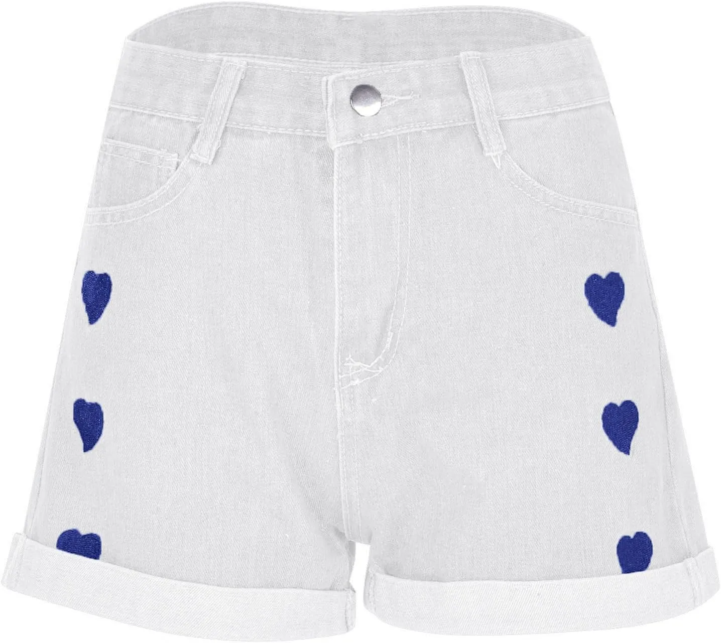 Womens Denim Shorts High Waisted Summer Hot Pants Hem Curled Loose Jean Short Casual Shorts with Love Embroidery