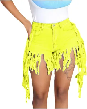 Women's Denim Shorts High Waisted Summer Trendy Stretchy Tassels Frayed Raw Hem Short Jeans Clubwear Sexy Hot Shorts