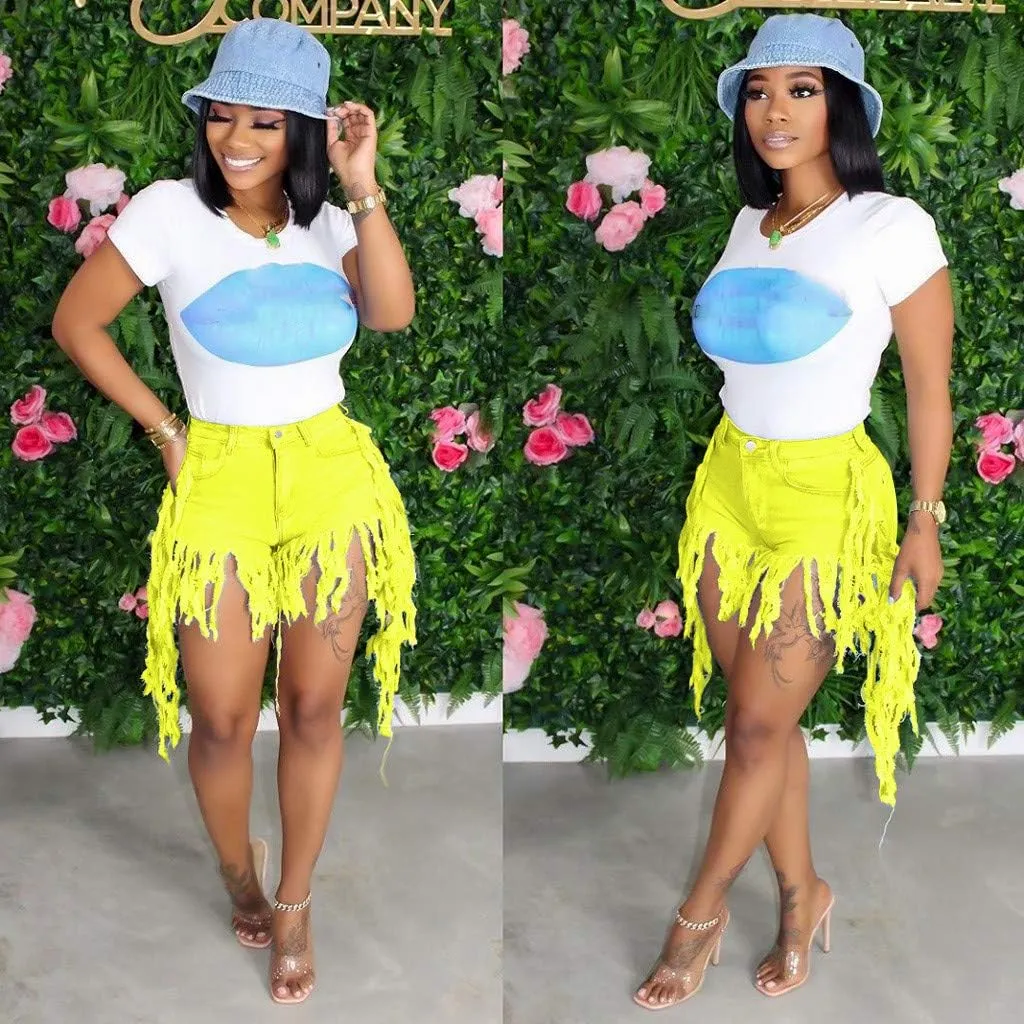 Women's Denim Shorts High Waisted Summer Trendy Stretchy Tassels Frayed Raw Hem Short Jeans Clubwear Sexy Hot Shorts