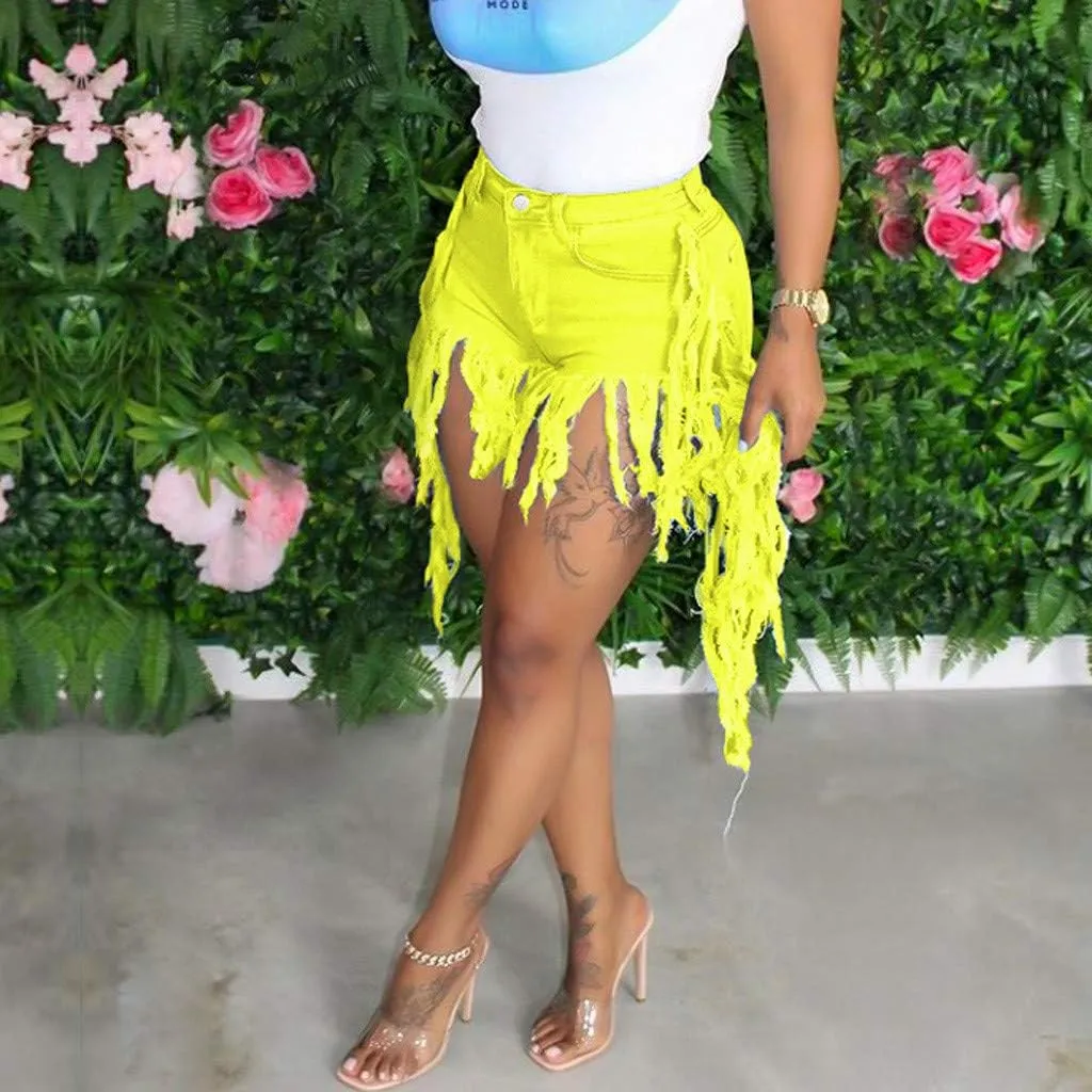 Women's Denim Shorts High Waisted Summer Trendy Stretchy Tassels Frayed Raw Hem Short Jeans Clubwear Sexy Hot Shorts