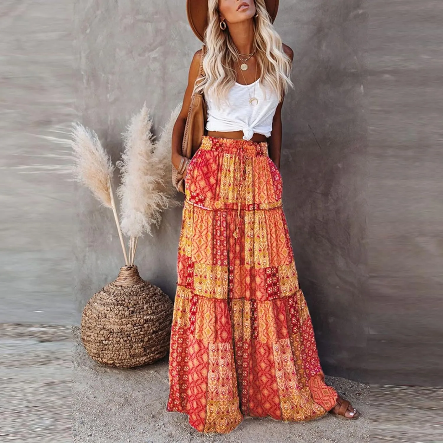 Womens Floral Print Boho Maxi Skirt Elastic High Waist Pleated Ruffle Flowy Long Skirts with Pockets