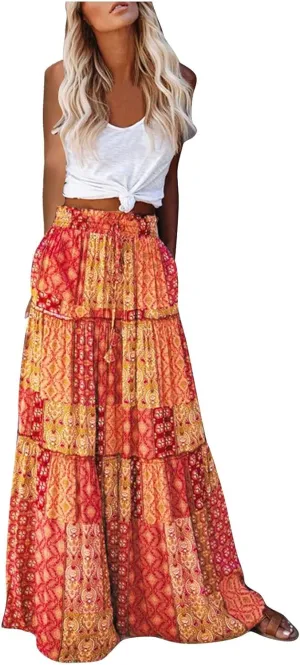 Womens Floral Print Boho Maxi Skirt Elastic High Waist Pleated Ruffle Flowy Long Skirts with Pockets