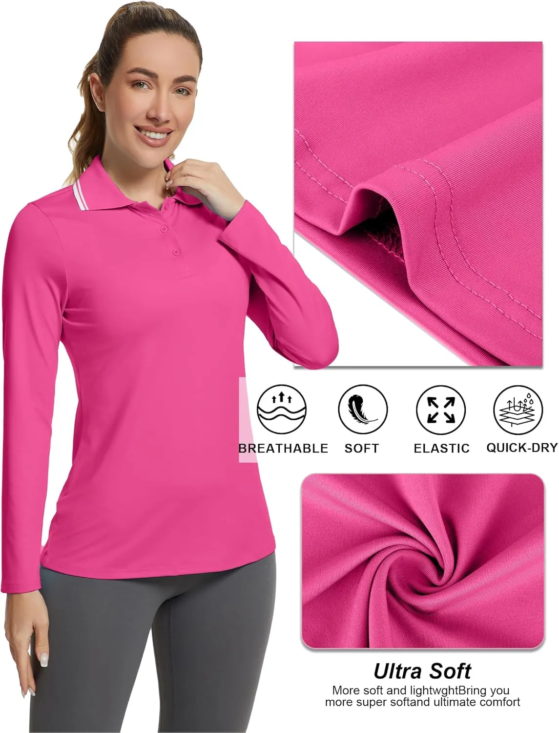 Women's Golf Polo Shirts Long Sleeve Workout Tops UPF 50  Sun Protection Quick Dry Lightweight Active Tennis Shirts