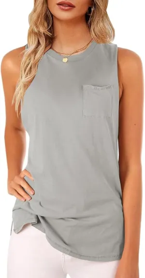 Women's High Neck Tank Top Sleeveless Blouse Plain T Shirts Pocket Cami Summer Tops