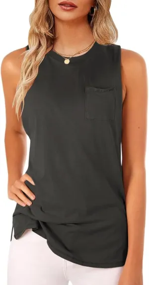 Women's High Neck Tank Top Sleeveless Blouse Plain T Shirts Pocket Cami Summer Tops