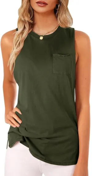 Women's High Neck Tank Top Sleeveless Blouse Plain T Shirts Pocket Cami Summer Tops