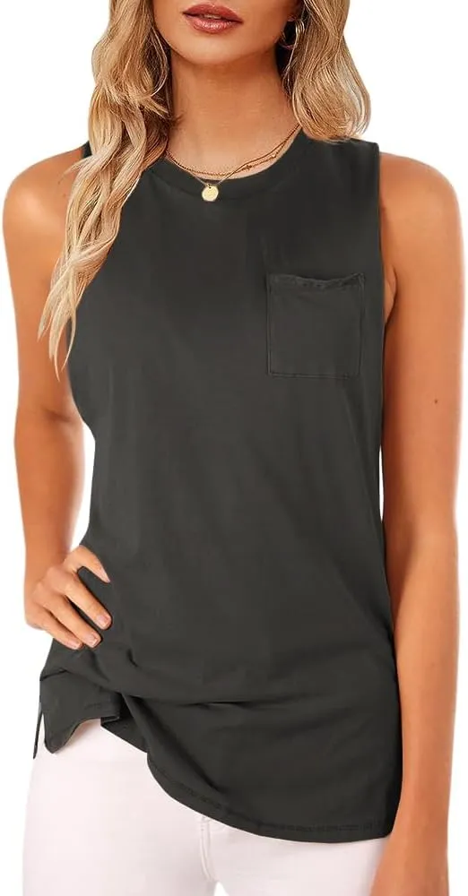 Women's High Neck Tank Top Sleeveless Blouse Plain T Shirts Pocket Cami Summer Tops
