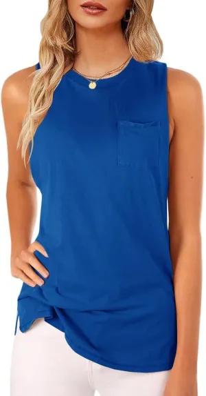 Women's High Neck Tank Top Sleeveless Blouse Plain T Shirts Pocket Cami Summer Tops