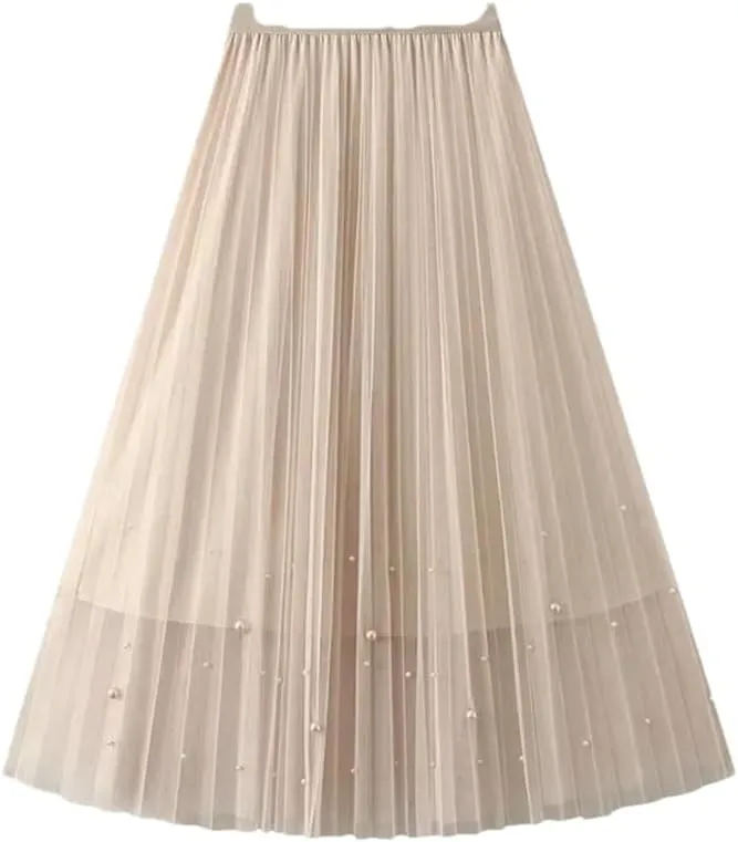 Women's High Waist Slim Fit A-Line Skirt Solid Color Pleated Casual Midi Skirt
