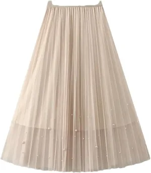 Women's High Waist Slim Fit A-Line Skirt Solid Color Pleated Casual Midi Skirt