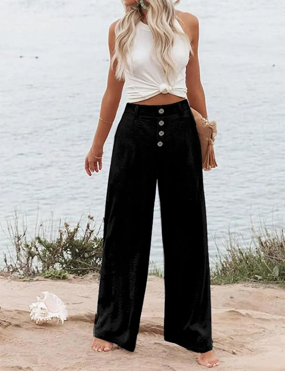 Womens High Waisted Wide Leg Palazzo Pants Casual Lounge Boho Flowy Pants with Pockets