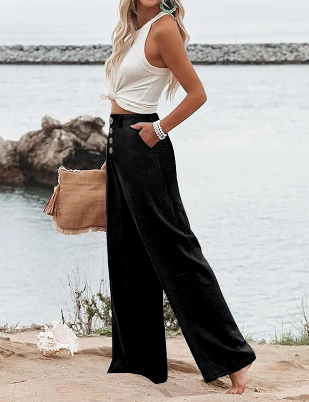 Womens High Waisted Wide Leg Palazzo Pants Casual Lounge Boho Flowy Pants with Pockets