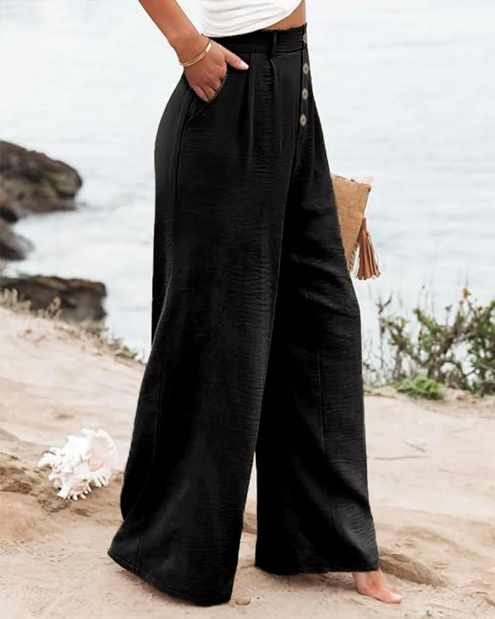 Womens High Waisted Wide Leg Palazzo Pants Casual Lounge Boho Flowy Pants with Pockets