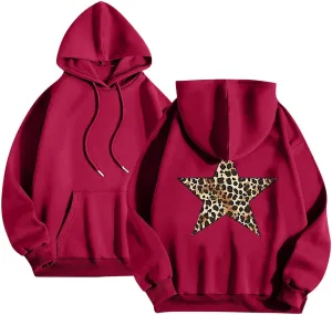 Women's Hoodies Oversized Sweatshirts Long Sleeve Y2k Leopard Star Print Pullover Tops Fall Winter Top with Pocket