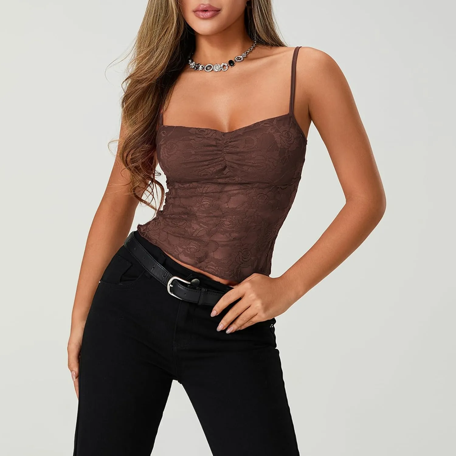Women's Lace Cami Tops Sleeveless Spaghetti Strap Tank Top Floral Mesh Slim Fit T-Shirts Camisole Summer Vest