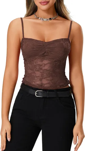 Women's Lace Cami Tops Sleeveless Spaghetti Strap Tank Top Floral Mesh Slim Fit T-Shirts Camisole Summer Vest