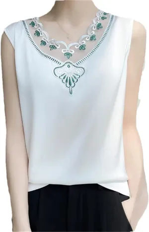 Women's Lace-Stitched Spaghetti Straps Tank Tops Solid Color Sleeveless T-Shirts Crewneck Tops
