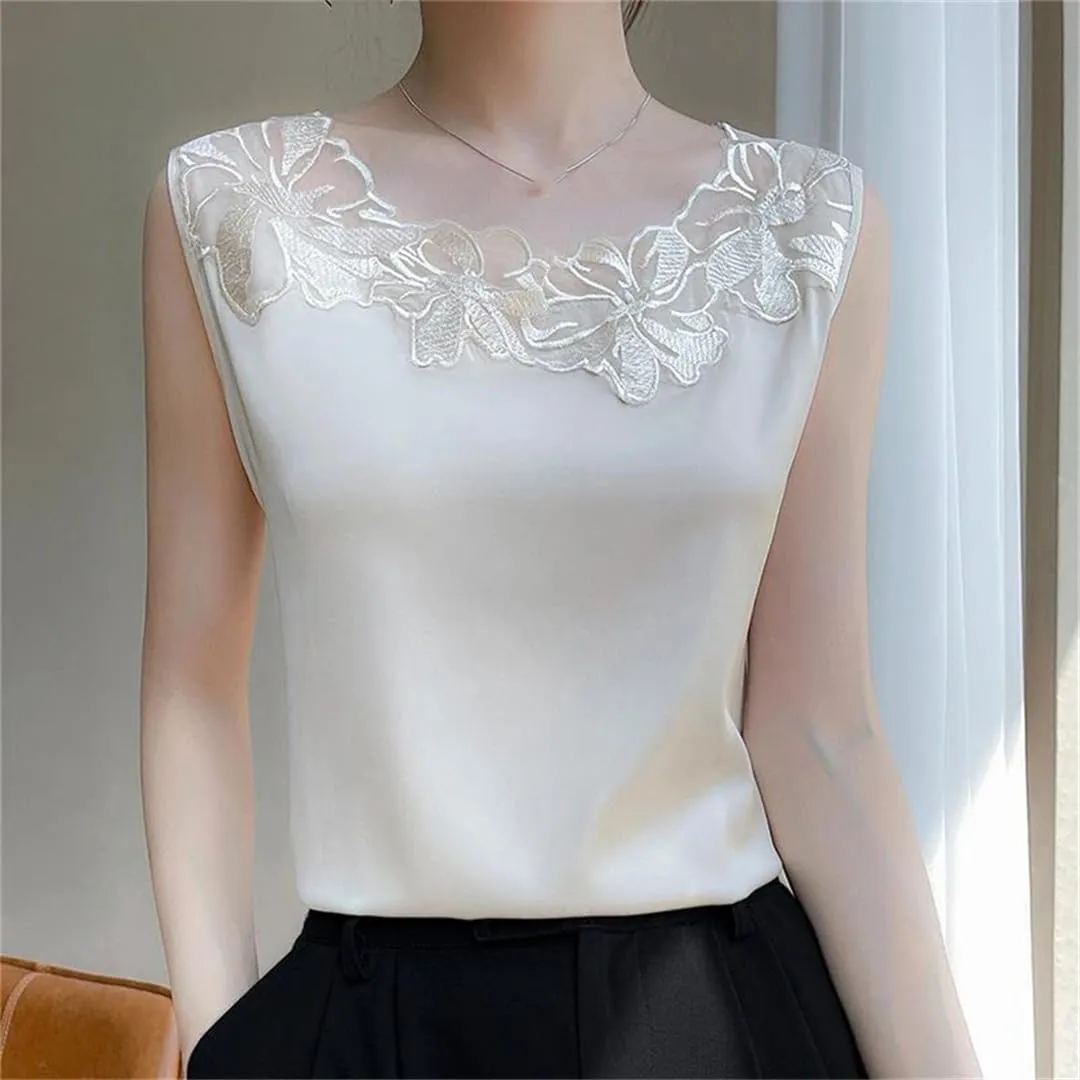 Women's Lace-Stitched Spaghetti Straps Tank Tops Solid Color Sleeveless T-Shirts Crewneck Tops