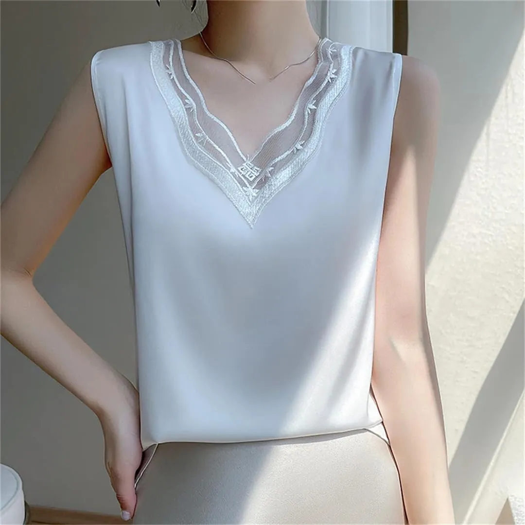 Women's Lace-Stitched Spaghetti Straps Tank Tops Solid Color Sleeveless T-Shirts Crewneck Tops