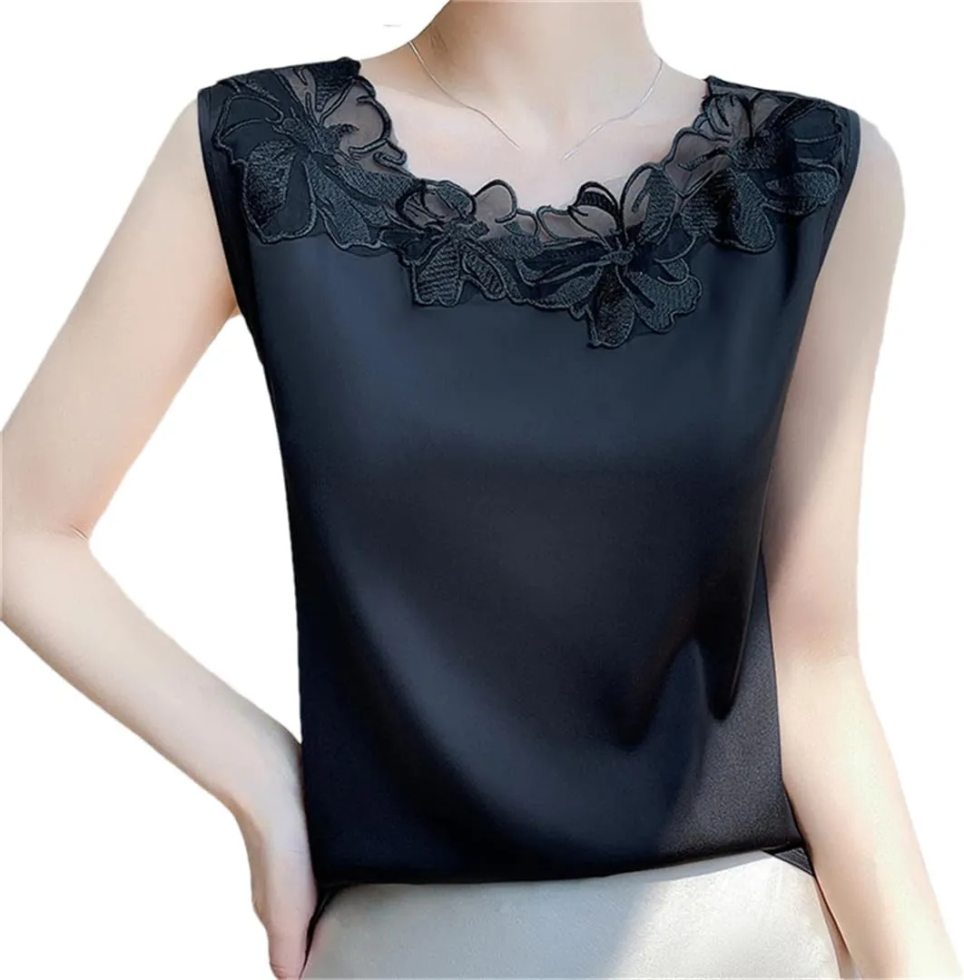 Women's Lace-Stitched Spaghetti Straps Tank Tops Solid Color Sleeveless T-Shirts Crewneck Tops
