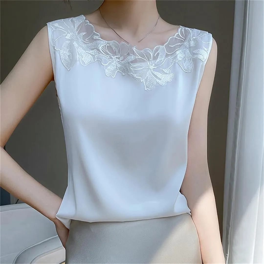 Women's Lace-Stitched Spaghetti Straps Tank Tops Solid Color Sleeveless T-Shirts Crewneck Tops