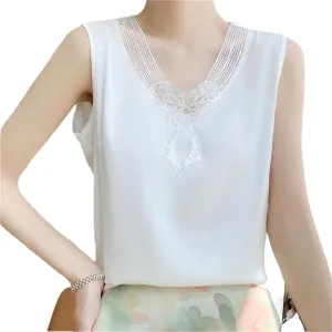 Women's Lace-Stitched Spaghetti Straps Tank Tops Solid Color Sleeveless T-Shirts Crewneck Tops