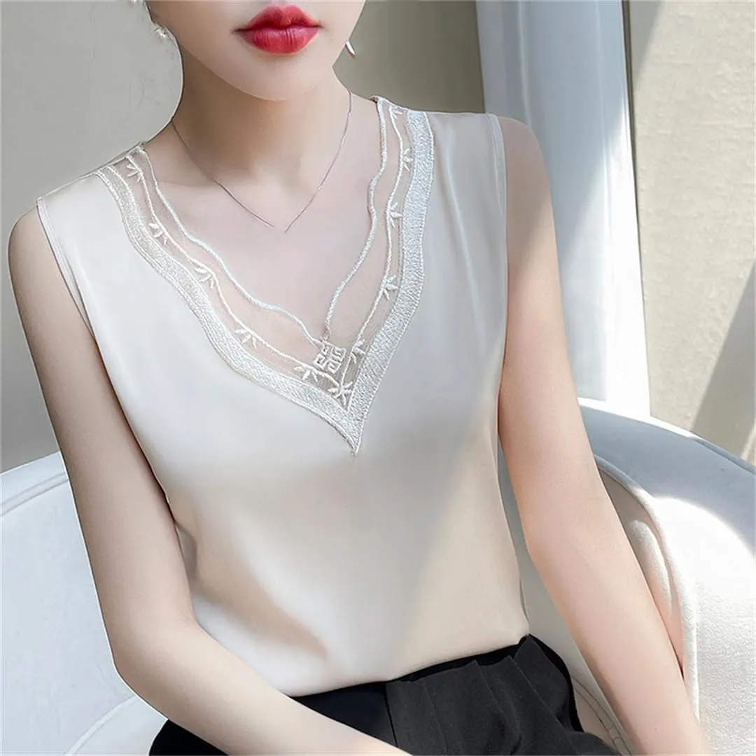 Women's Lace-Stitched Spaghetti Straps Tank Tops Solid Color Sleeveless T-Shirts Crewneck Tops
