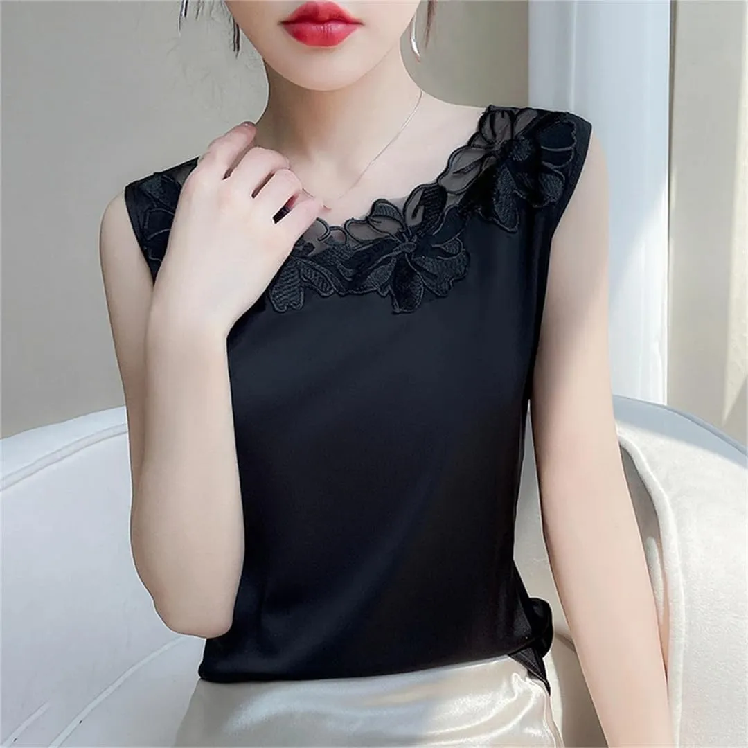 Women's Lace-Stitched Spaghetti Straps Tank Tops Solid Color Sleeveless T-Shirts Crewneck Tops