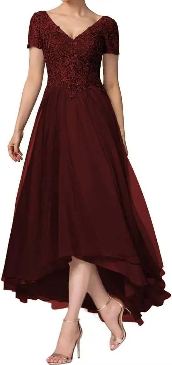 Women's Laces Appliques Mother of The Bride Dresses for Wedding Tea Length Cap Sleeves Mother of The Groom Dresses