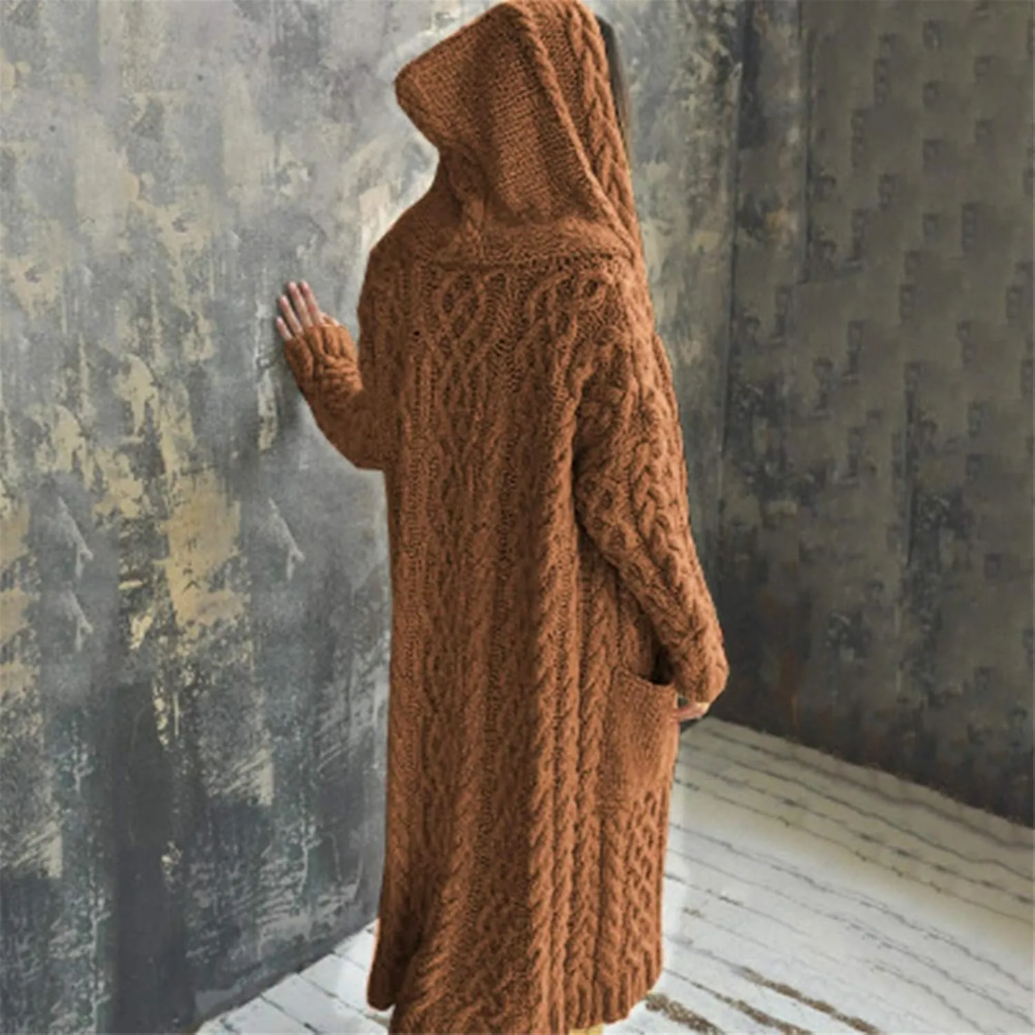 Women's Lightweight Hooded Sweaters Oversized Open Cardigan Warm Outwear Coat Cable Knit Long Cardigan Sweaters with Pockets