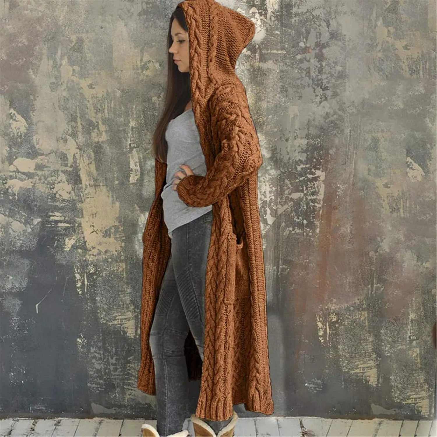 Women's Lightweight Hooded Sweaters Oversized Open Cardigan Warm Outwear Coat Cable Knit Long Cardigan Sweaters with Pockets