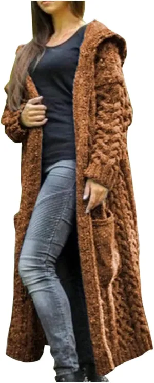Women's Lightweight Hooded Sweaters Oversized Open Cardigan Warm Outwear Coat Cable Knit Long Cardigan Sweaters with Pockets