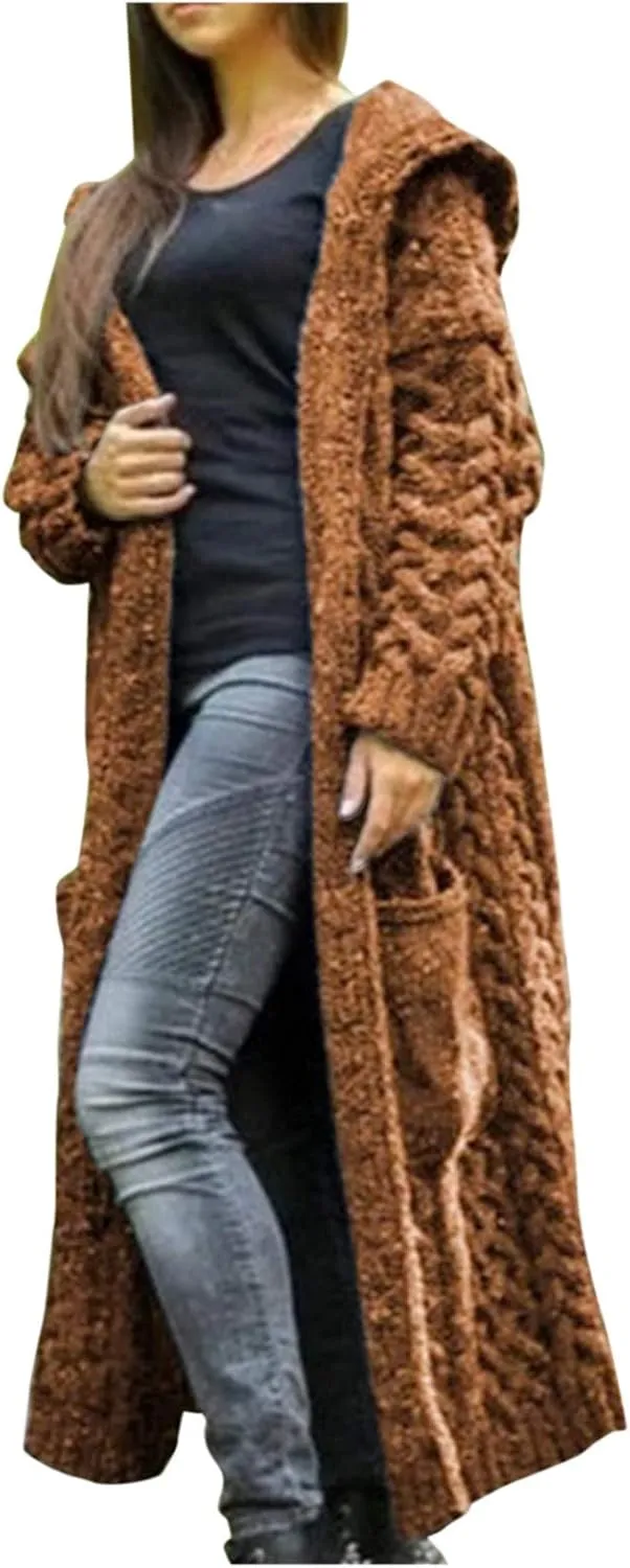 Women's Lightweight Hooded Sweaters Oversized Open Cardigan Warm Outwear Coat Cable Knit Long Cardigan Sweaters with Pockets
