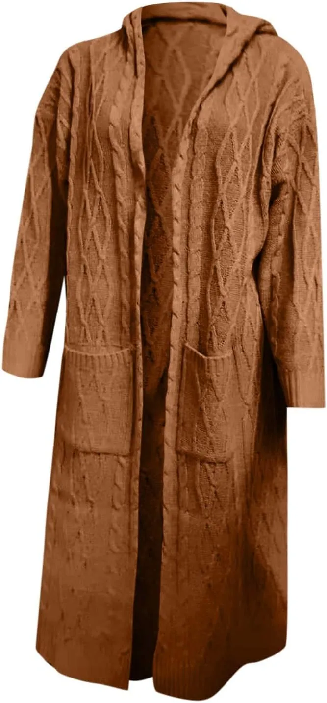 Women's Lightweight Hooded Sweaters Oversized Open Cardigan Warm Outwear Coat Cable Knit Long Cardigan Sweaters with Pockets