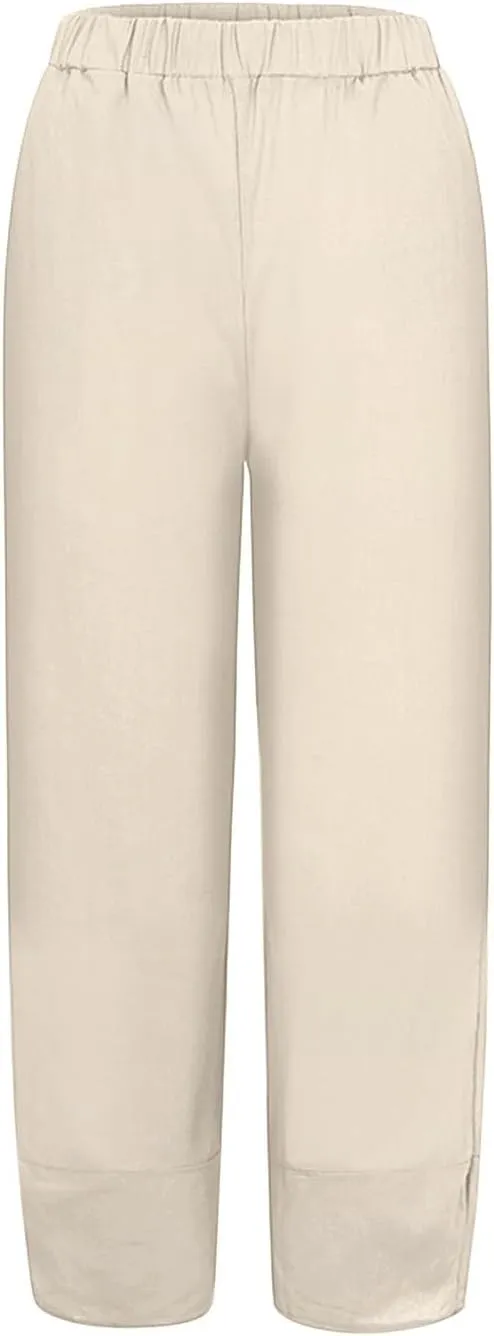 Women's Linen Blend Summer Boho Pants Elastic Waist Wide Leg Slim-Fit Trouser Business Work